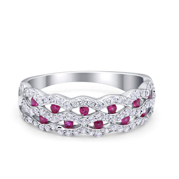 Half Eternity Wedding Ring Round Simulated Ruby CZ 925 Sterling Silver